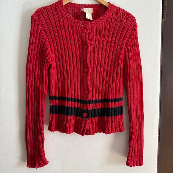 90s Vintage CLAUDIE PIERLOT | Preppy Red and Navy Striped Ribbed Cardigan Medium - Picture 1 of 5